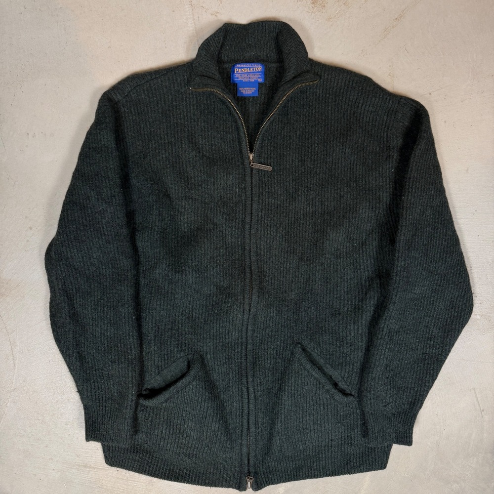 Pendleton Mens M Forest Green 100% Merino Wool Full Zip Ribbed Cardigan Sweater